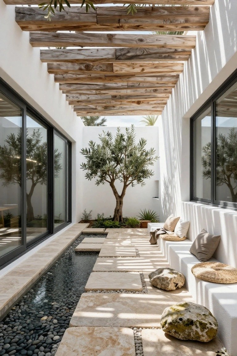Narrow courtyard between white walls with wooden pergola ceiling, central olive tree, linear black pebble water channel beside beige stone path, built-in white benches with cushions and round woven stools.