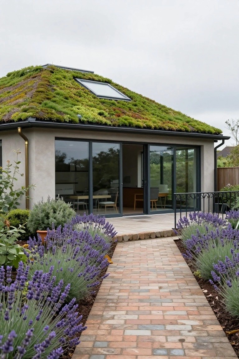Small modern outbuilding with a sloped green sedum roof, beige stucco walls, large dark-framed sliding glass doors, wooden deck, and brick pathway lined with lavender plants.
