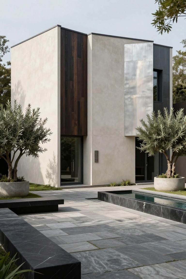 Modern cuboid house exterior featuring white stucco walls, dark vertical wood cladding, tall silver metal panel, large glass entry window, flanked by potted olive trees, black marble benches, grey stone paver courtyard, and narrow black-edged water feature.