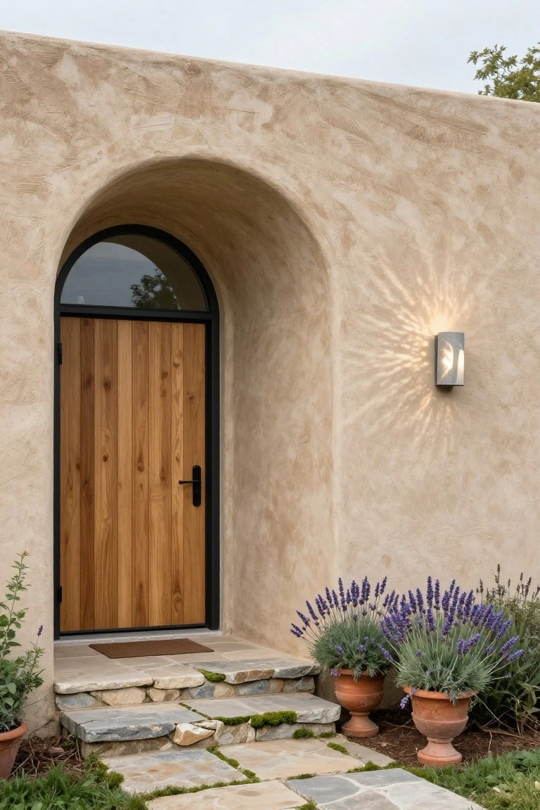 Beige stucco wall with rounded black-framed archway containing a clerestory window above a vertical wooden door, wall-mounted rectangular light fixture casting rays, stone steps, and large terracotta pots of lavender plants.