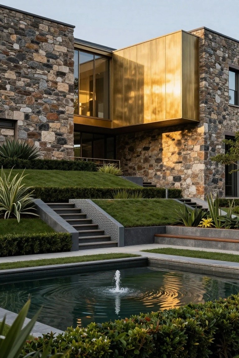 Modern house exterior with stacked stone walls, a protruding rectangular brass-clad volume with large glass windows, concrete stairs ascending through terraced green lawns and agave plants, and a rectangular pool with fountain in the foreground surrounded by boxwood hedges.