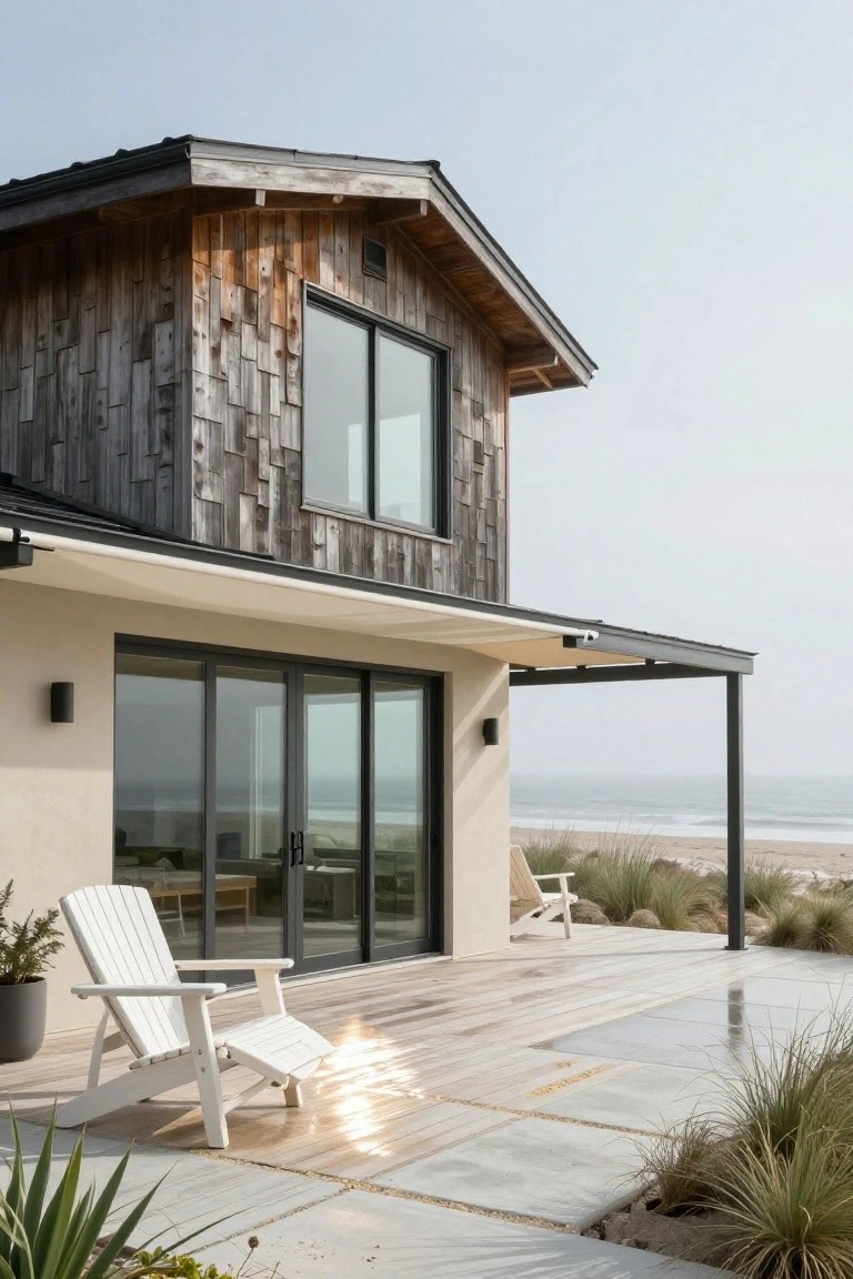 Modern two-story beach house exterior with dark weathered vertical wood siding on upper facade, beige stucco base, large black-framed sliding glass doors opening to wooden deck with two white Adirondack chairs, surrounded by dune grasses and overlooking ocean.