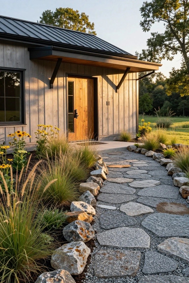 Small modern cabin with gray board-and-batten siding, black metal roof, and wooden entry door, approached by an irregular flagstone path edged with large rocks and ornamental grasses amid a rural yard at sunset.