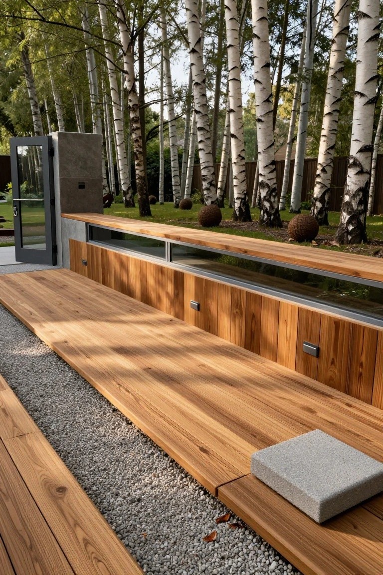 Wooden deck walkway with integrated long bench featuring a flat wooden top, vertical slats, and small light fixtures, bordered by gravel path and surrounded by birch trees and spherical stone balls.