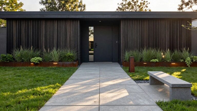 Modern black vertical board-and-batten house facade with black front door, narrow vertical window beside it, and a pathway of large square gray concrete pavers spaced through green grass lawn leading to the entrance, flanked by corten steel planters with tall ornamental grasses and a stone bench.