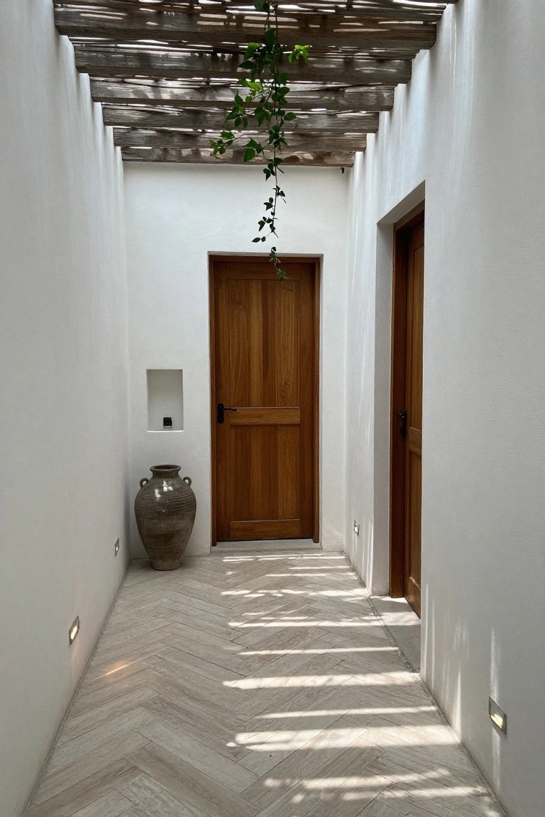Narrow covered walkway with white stucco walls, two wooden doors, a large terracotta pot, herringbone-patterned light flooring, wall lights, vines hanging from thatched ceiling overhead, and sunlight shadows on the floor.