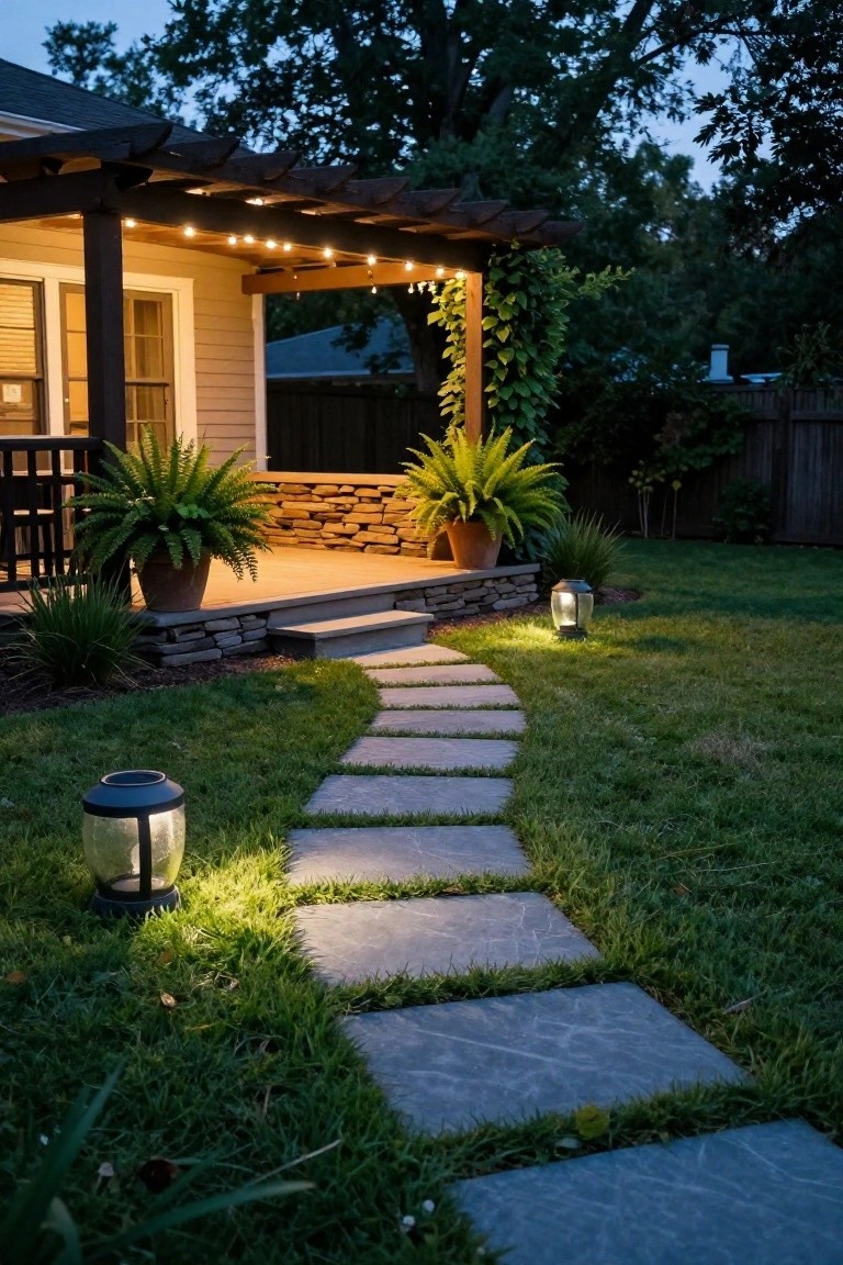 Stone stepping path with embedded gray pavers winds through a grassy yard toward a wooden porch, flanked by solar lanterns and potted ferns at dusk.