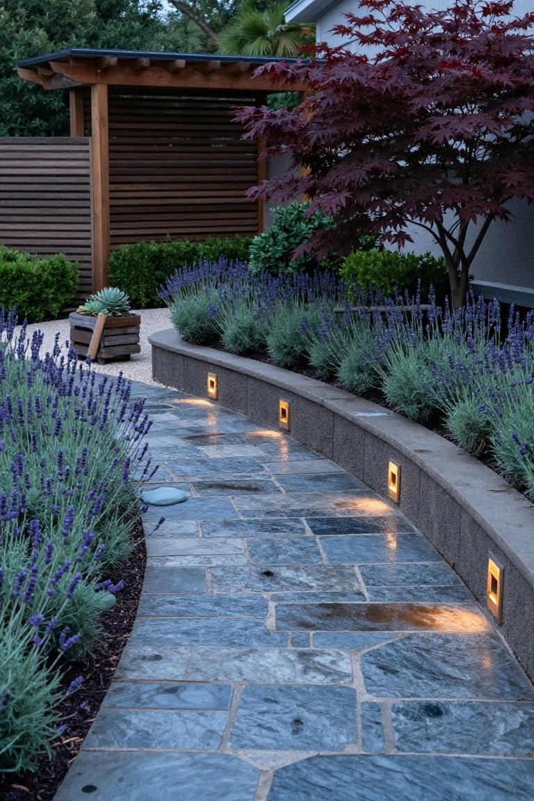 Curved pathway of irregular blue-gray stone slabs edged with lavender plants along a low curved concrete wall with recessed yellow lights, near wooden pergola structure, boxwood shrubs, succulent planter, and red Japanese maple tree.
