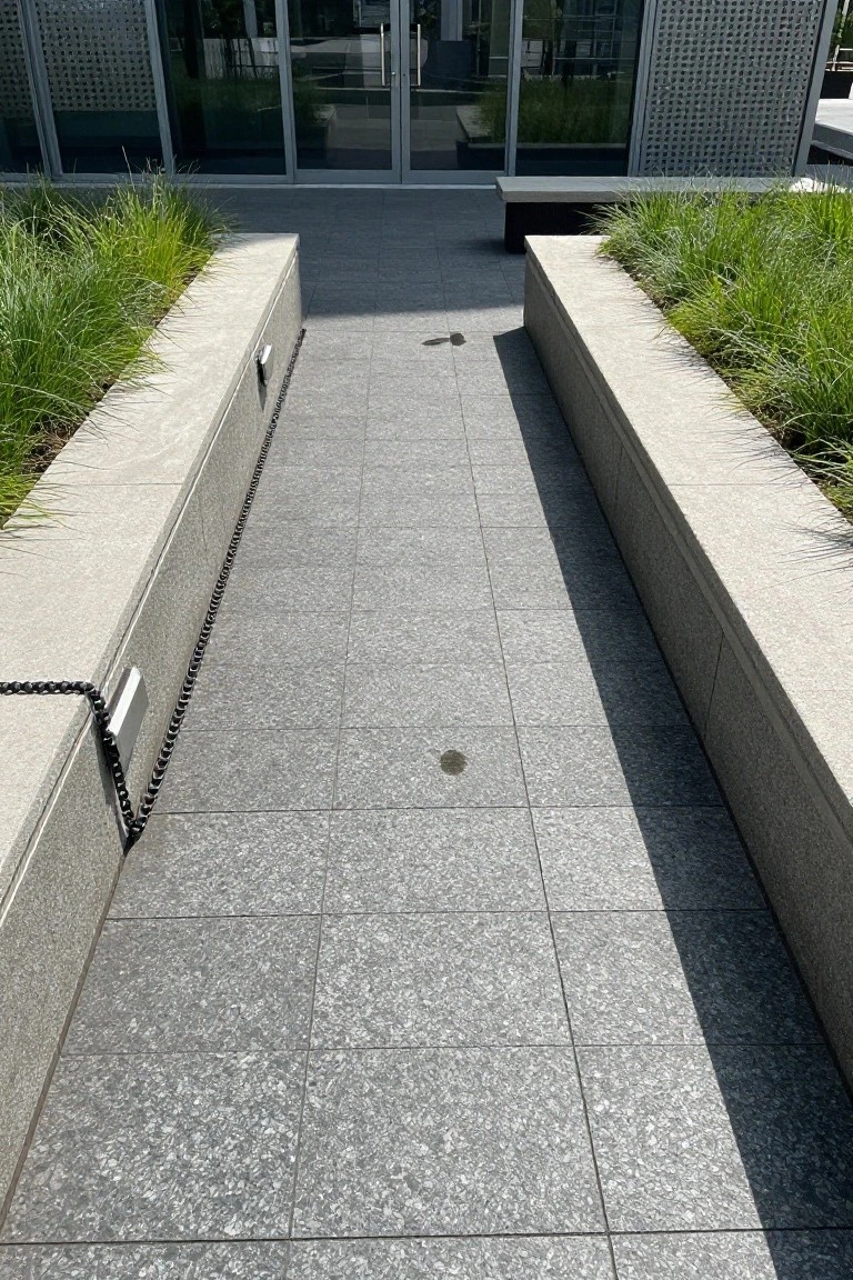 Straight gray tiled outdoor walkway flanked by concrete planters filled with tall green ornamental grasses, with chain barriers along the edges leading to glass entry doors on a modern building facade.