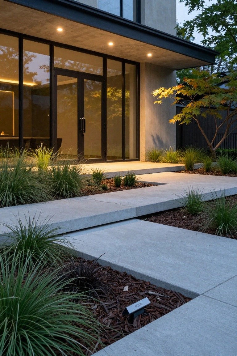 Modern house entrance with black-framed glass doors and concrete walkway bordered by ornamental grasses and mulch beds, viewed at dusk with pathway lights and nearby trees.