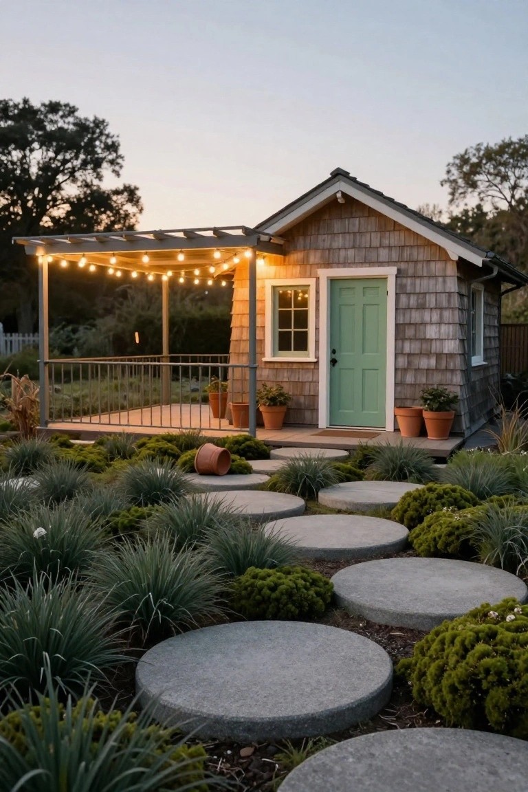 Small shingled cottage with green door and lit window under pergola with string lights, approached by large round concrete stepping stones set in gravel and grasses surrounded by potted plants and trees at dusk.