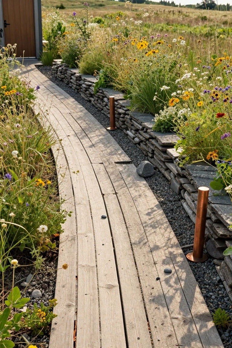 Curved wooden boardwalk path bordered by dry-stacked stone walls, gravel ground cover, copper post lights, and dense wildflower and grass plantings leading to a dark wooden door on a small modern building.
