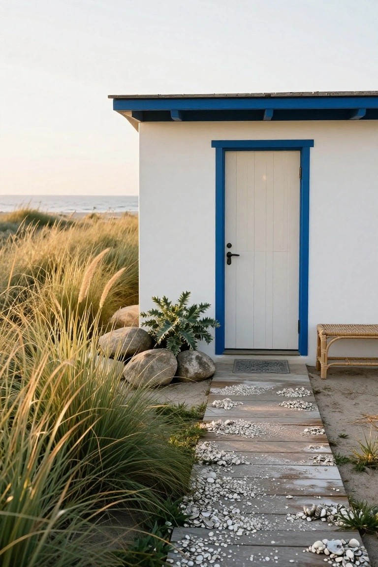 White single-story beach house with blue door frame and trim, fronted by a wooden walkway embedded with white seashells, flanked by dune grass, rocks, and a rattan bench, with ocean visible in the background.