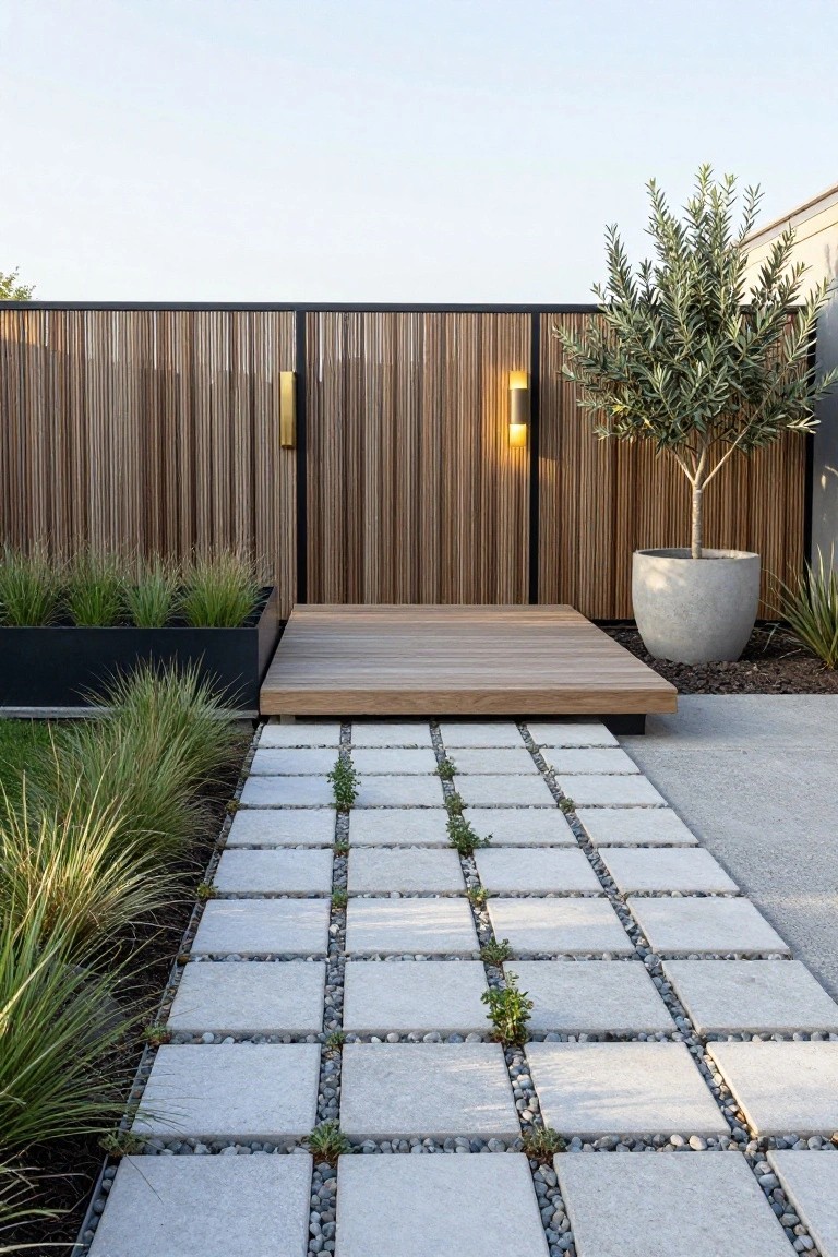 Outdoor concrete pathway of large square light gray pavers spaced apart with white gravel in the joints and small green plants growing through, bordered by tall grasses and leading to a raised wooden deck next to a slatted wooden fence and potted olive tree.