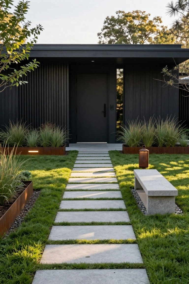 Modern black vertical board-and-batten house facade with black front door, narrow vertical window beside it, and a pathway of large square gray concrete pavers spaced through green grass lawn leading to the entrance, flanked by corten steel planters with tall ornamental grasses and a stone bench.