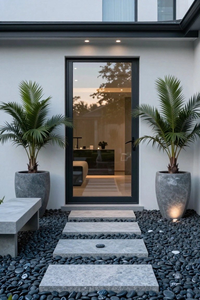 Modern white house entrance with black-framed glass door flanked by two large potted palm trees in gray stone pots, a concrete bench beside the left pot, and an irregular pathway of gray stone slabs set into black gravel pebbles.