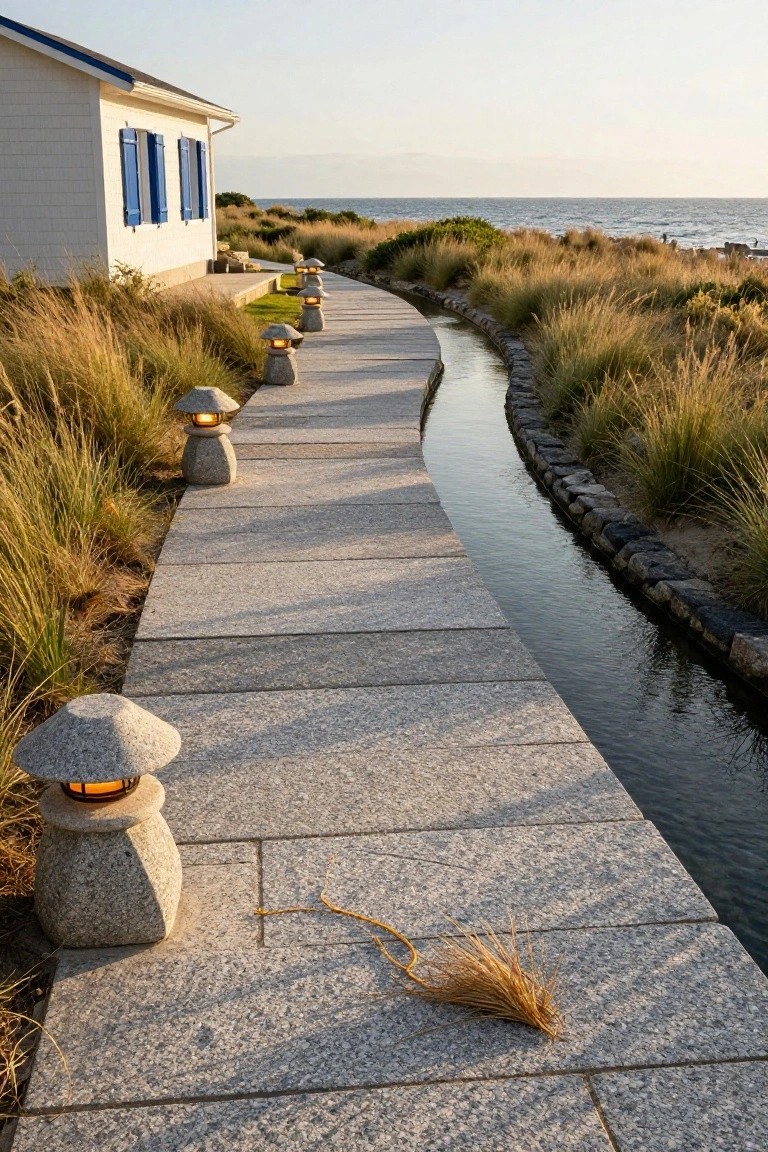 Gray stone slab walkway parallel to a narrow rock-edged water channel, lined with stone lanterns and flanked by tall ornamental grasses, next to a white house with blue shutters and overlooking the ocean.