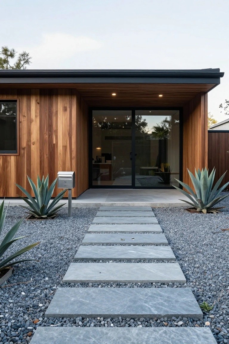Modern wood-clad house exterior with black-framed glass entry doors, stainless steel mailbox, two agave plants flanking a straight pathway of irregularly spaced grey stone pavers set into light gravel ground cover.
