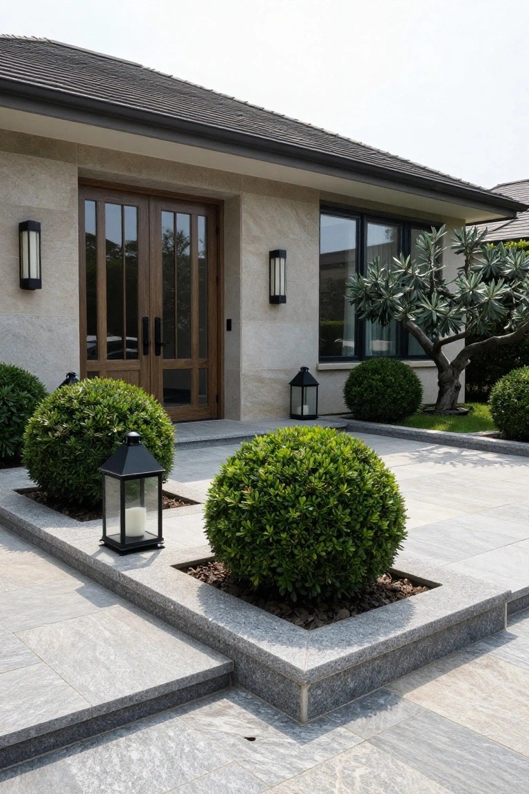 Modern house entrance with grey stone paver walkway, raised beds holding round boxwood shrubs, black metal lanterns, flanked by beige stone walls and a wooden double door.