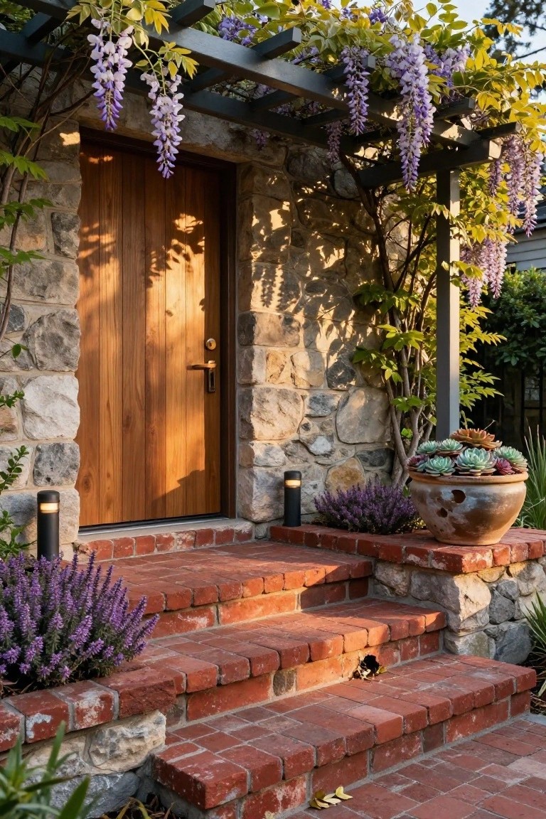 Stone-walled house entrance with a wooden door, flanked by brick steps, lavender plants, succulents in a terracotta pot, pathway lights, and a black metal pergola overhead draped in purple wisteria vines.