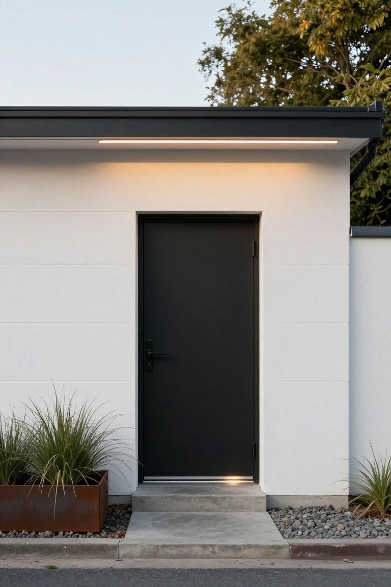 Modern house exterior with white stucco walls featuring horizontal lines, black steel front door, slim LED light strip above the door, concrete entry steps, corten steel planters with grasses, and gravel ground cover.
