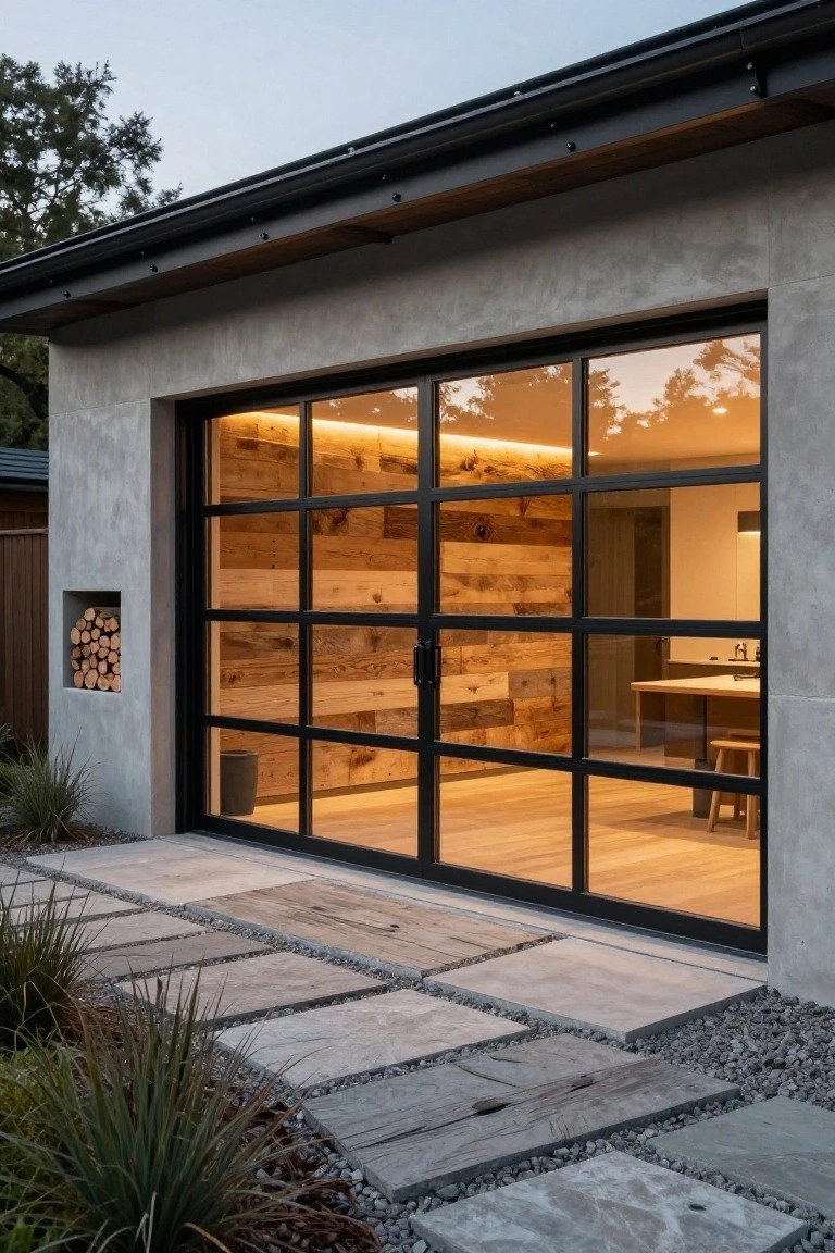 Modern stucco house exterior with large black metal-framed glass doors revealing a wood slat wall and firewood niche inside, adjacent to a stone and gravel pathway with grasses.