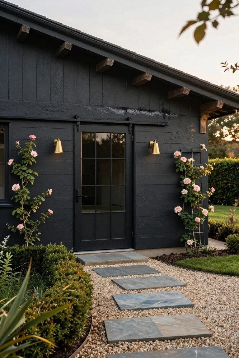 Black painted board-and-batten exterior wall of a barn-style shed with sliding glass door, pink climbing roses on trellises flanking the entry, gold cone wall sconces, stone step path through gravel and boxwood shrubs.