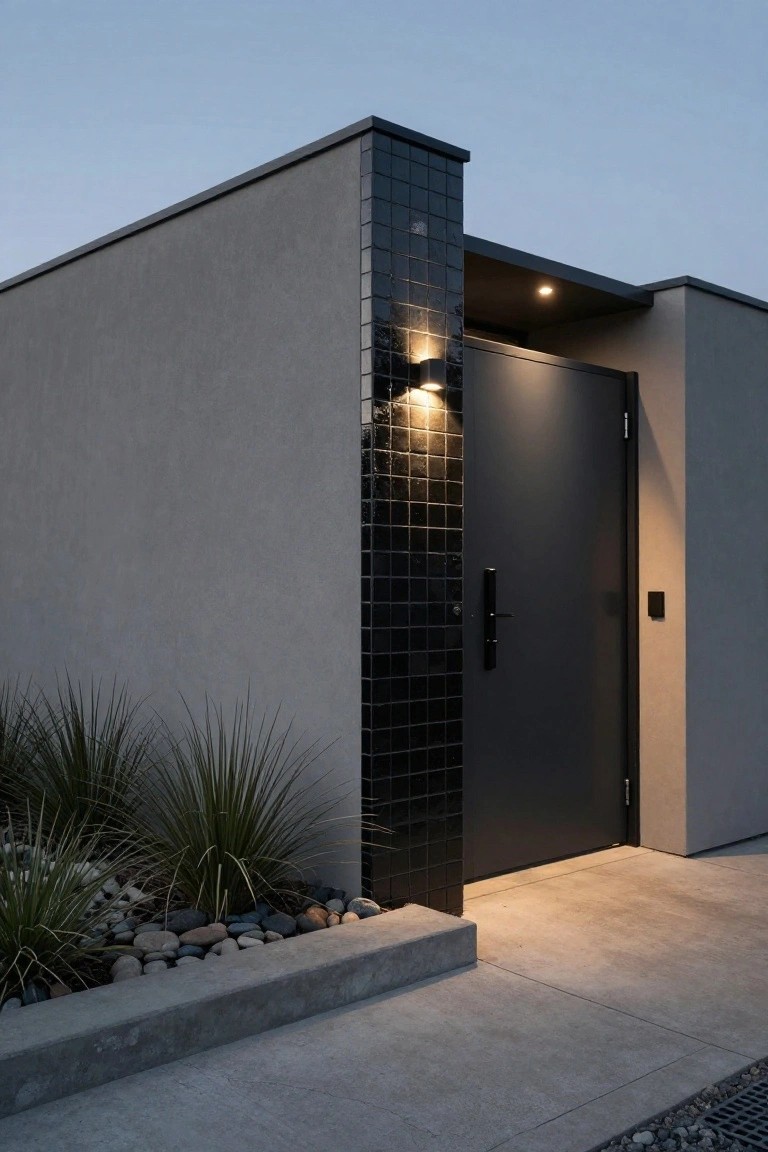 Modern house exterior corner with a tall glossy black tiled pillar next to a black metal entry door, gray stucco walls, wall-mounted lights, and base landscaping of agave plants, rocks, and gravel.