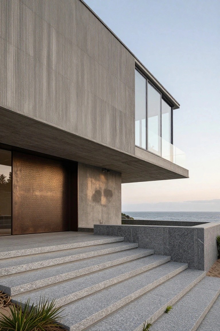 Modern house exterior with vertical ribbed concrete walls, cantilevered upper section with glass panels and railing, bronze perforated entry door, granite stairs, and ocean view.