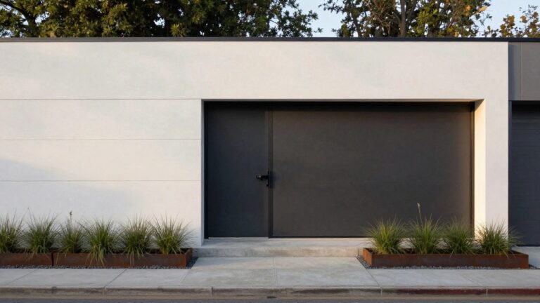 18 Modern House Exterior Wall Design Ideas for a Sleek Look Modern house exterior with white stucco walls featuring horizontal lines, black steel front door, slim LED light strip above the door, concrete entry steps, corten steel planters with grasses, and gravel ground cover.