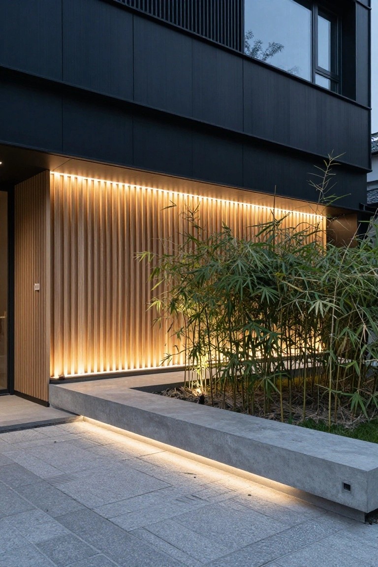 Modern house entrance with black facade, vertical light wood slats backlit by LED strips, bamboo plants in a concrete-edged bed, concrete bench, and paved stone pathway.