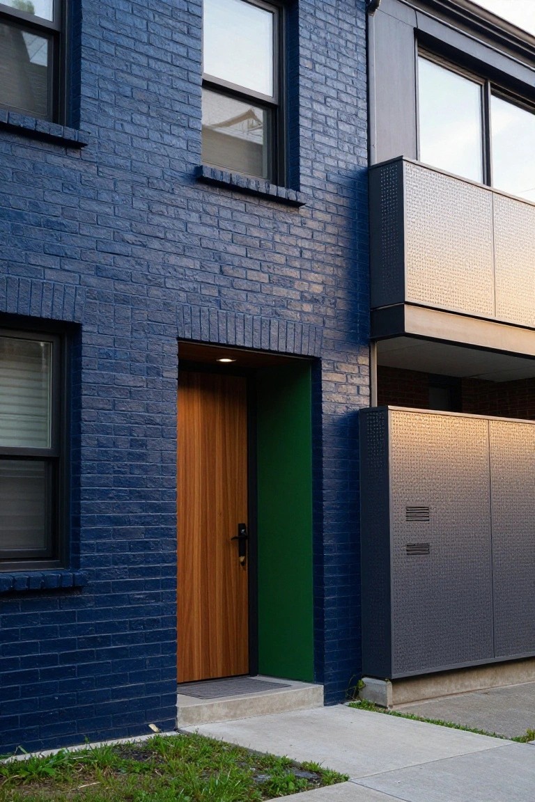 Two-story house exterior with navy blue painted brick walls, wooden front door in green frame, large windows, and adjacent gray metal cladding with balcony, concrete path and grass in front.