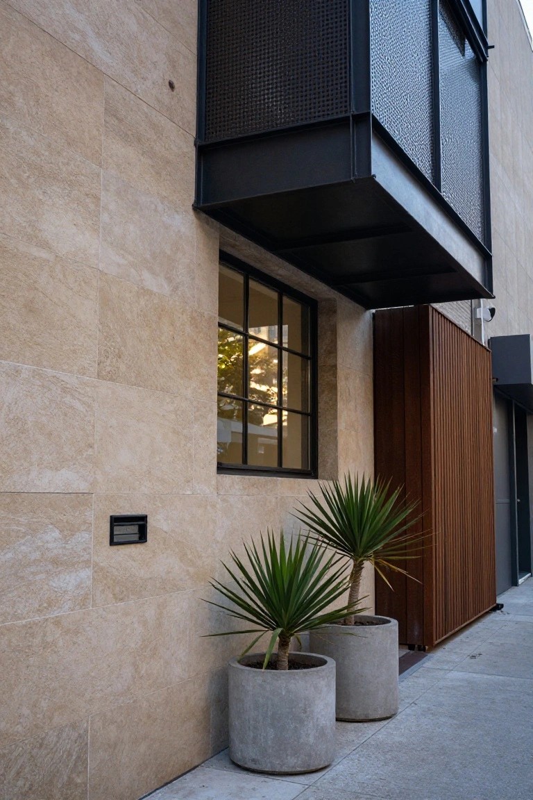 Vertical view of a modern house exterior with light beige stone tiled walls, black metal balcony structure and window frame, wooden slatted fence gate, two potted fan palms in gray concrete pots beside a concrete sidewalk, and a small security camera.