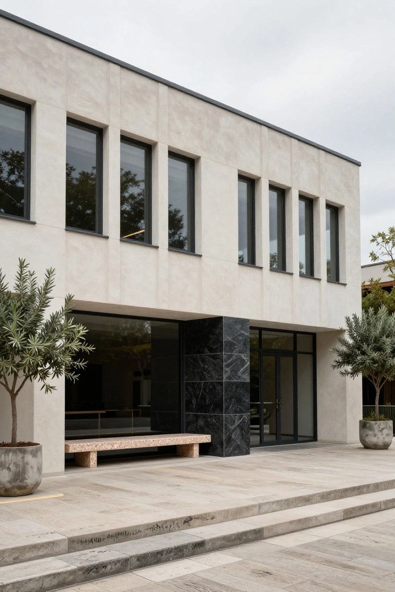 Modern house exterior with beige stucco walls, black-framed windows, black marble entry pillar and doors, terrazzo bench, potted olive trees, and light stone paving and steps.