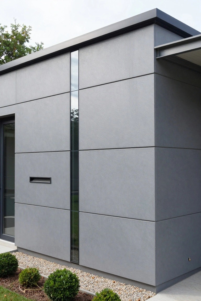 Corner view of a modern house featuring gray vertical wall panels, slim vertical glass strips, a narrow entry door, and low rounded shrubs in a gravel bed against a concrete base.