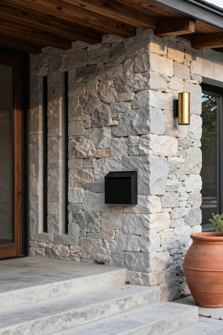 Close view of a house exterior corner with irregularly stacked gray stone walls featuring slim vertical black metal strips, a wooden front door, gold wall-mounted light, black mailbox, and orange terracotta pot next to concrete entry steps.