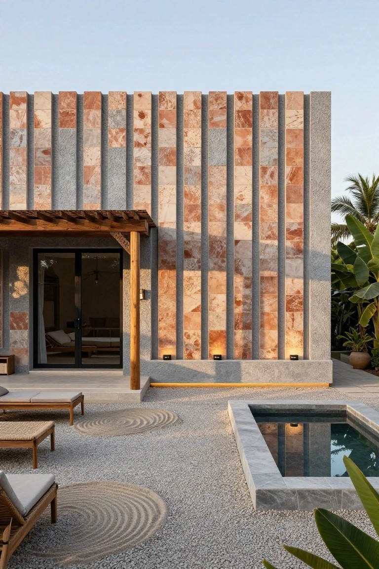 Modern house exterior with vertical panels of red and gray stone cladding on the wall, wooden pergola shading glass doors, small rectangular pool, teak lounge chairs on gravel patio with circular sand patterns, palm trees nearby.