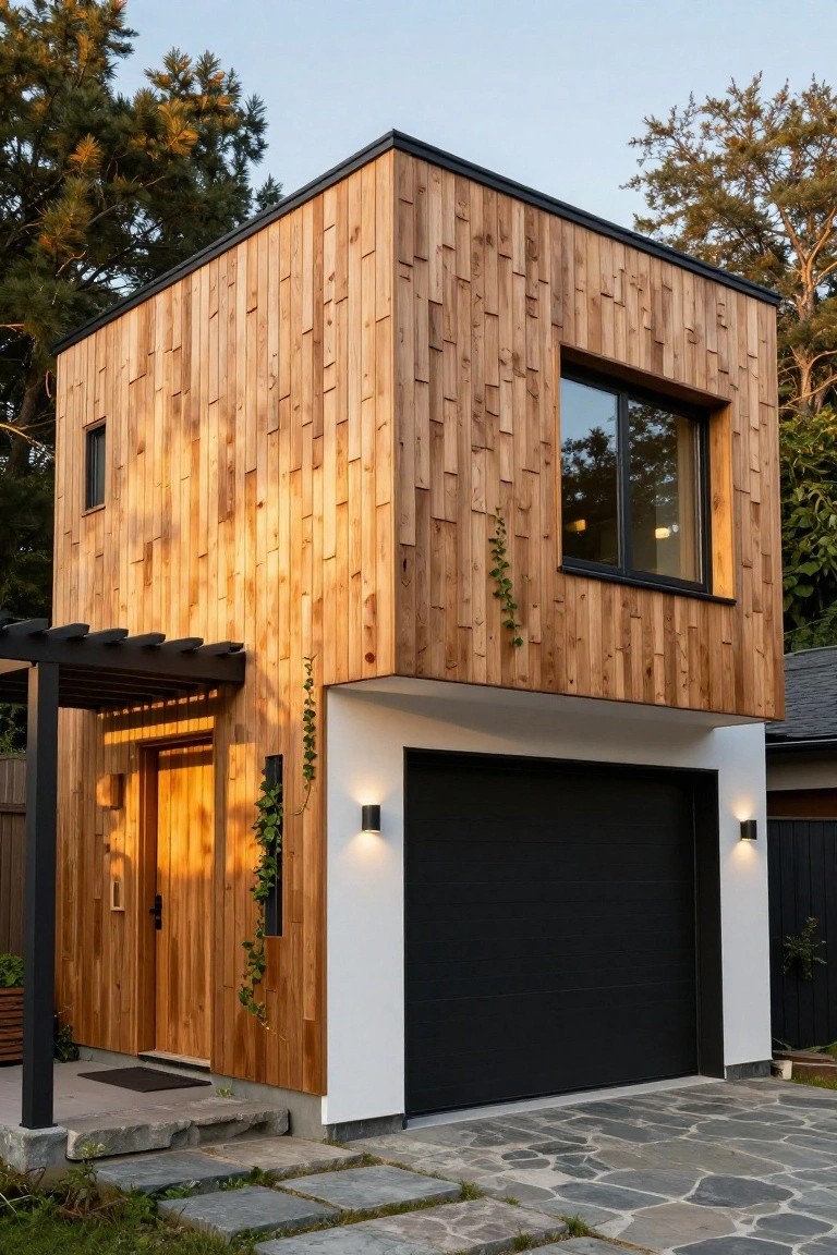 A compact two-story modern house with vertical wood cladding on the facade, black-framed window and garage door, white side wall, pergola over wooden entry door, ivy vines, and stone path in front.