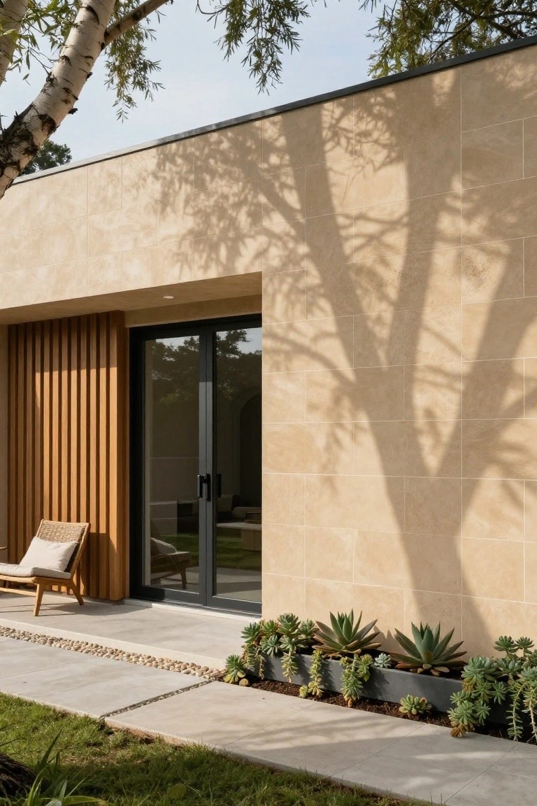 Beige stone tiled house exterior wall with vertical wooden slats beside black-framed sliding glass doors, an outdoor lounge chair, pebble-edged path, black succulent planters, grass lawn, and birch tree shadows.