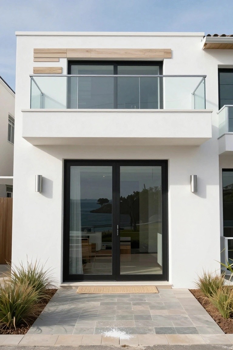 Modern two-story white stucco house exterior with black-framed large glass entry doors, upper balcony with glass railing, wood accent panels, wall lights, and ornamental grasses beside a stone-tiled entry path.