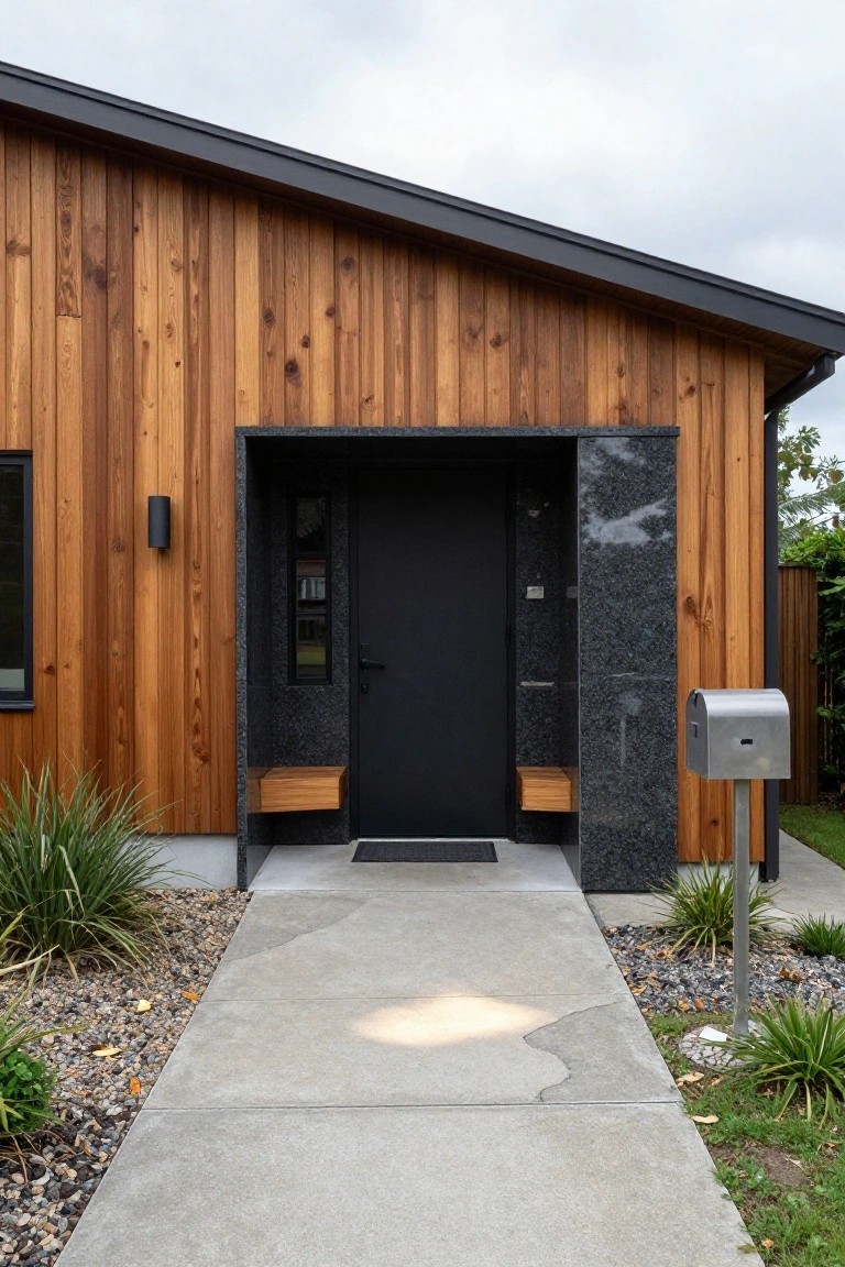Modern house exterior with vertical wood cladding on walls, black front door in a tall black granite frame with built-in wooden benches, concrete pathway, and gravel landscaping.