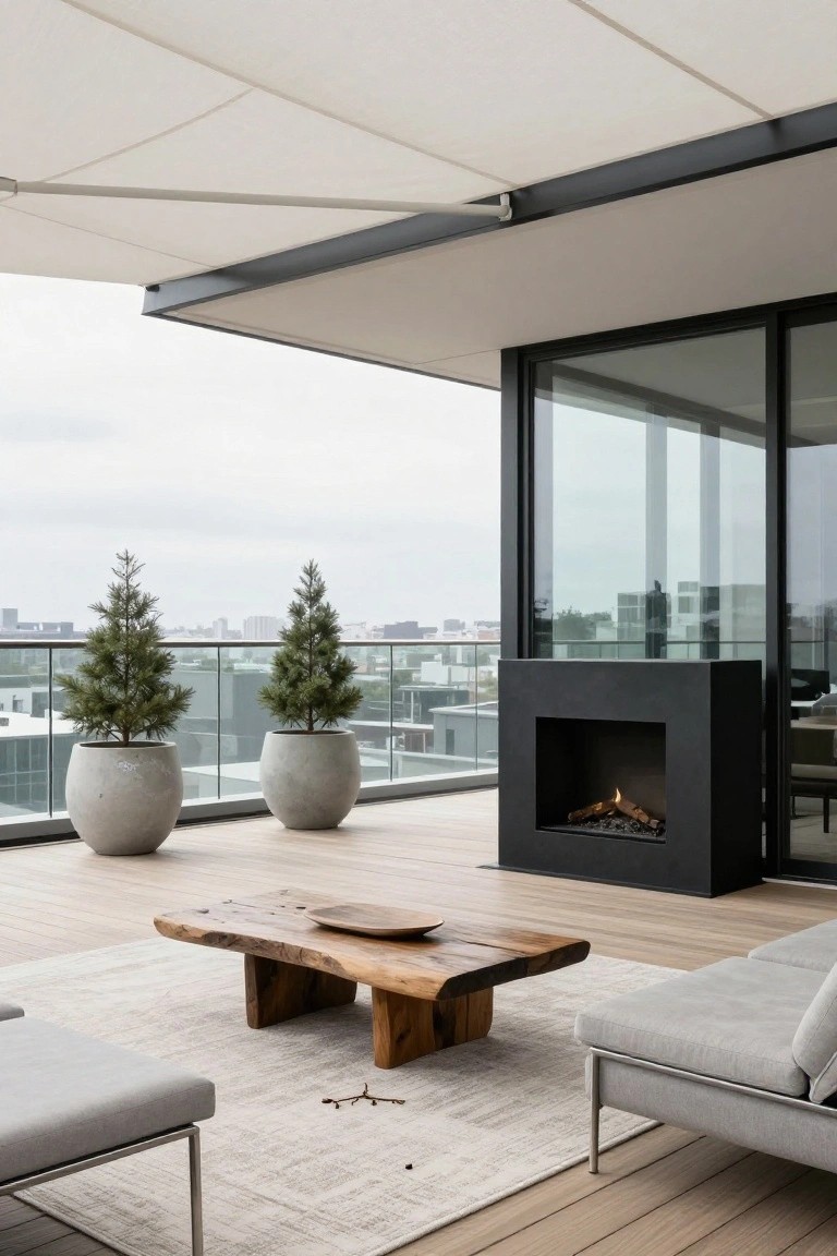 Modern balcony deck featuring gray L-shaped sofa, live-edge wooden coffee table with wooden bowl, two large potted pine trees, black built-in gas fireplace, glass railing with city view, large glass doors to interior, and beige shade canopy overhead.