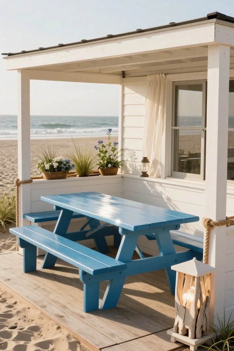 Blue wooden picnic table and benches on a deck under a white covered structure attached to a small beach house, with potted plants, rope details, lanterns, and ocean view.