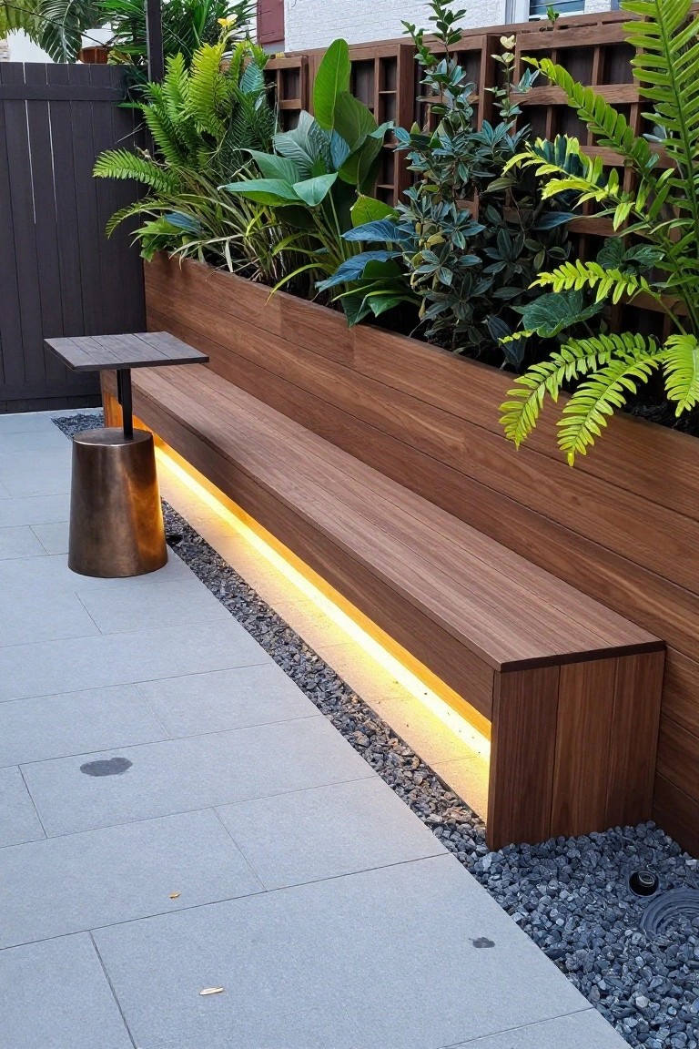 Long wooden bench built into a tall planter wall filled with tropical plants and ferns, featuring LED lighting strip underneath, next to a bronze drum stool and wooden side table on a tiled patio with pebble ground cover.