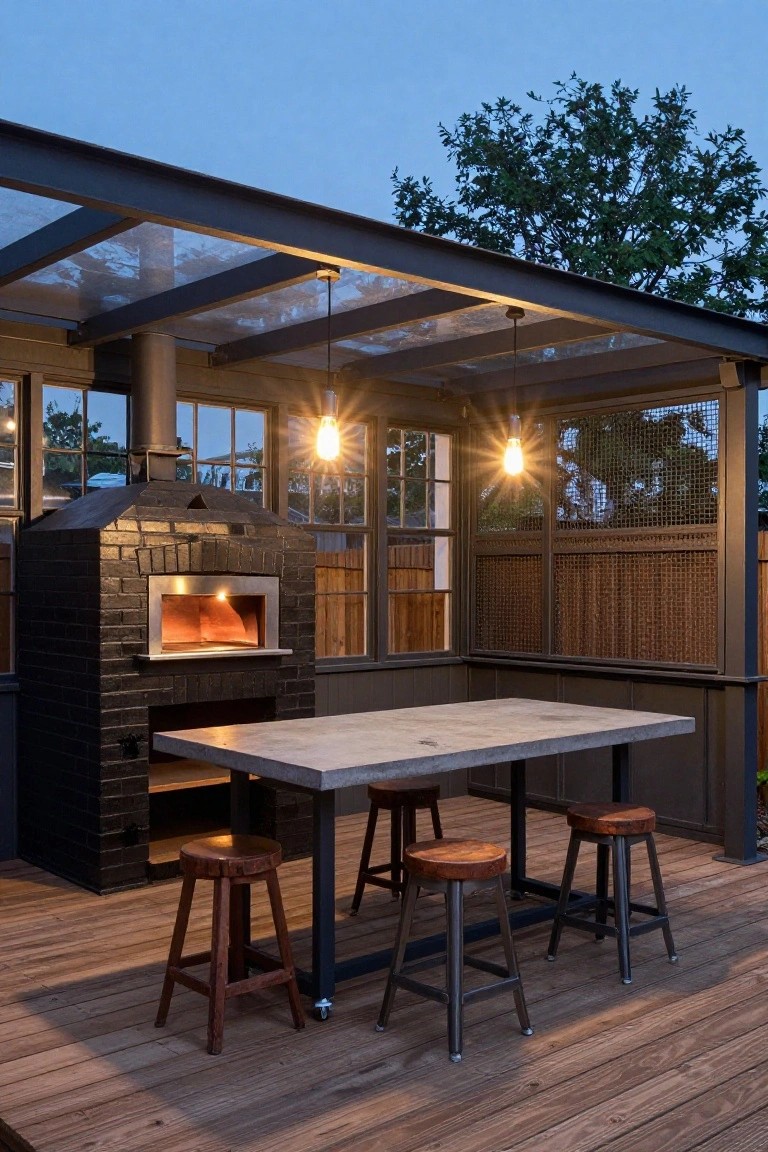 Outdoor deck patio with black brick wood-fired pizza oven, concrete dining table, wooden and metal stools, under steel-framed glass roof next to house windows.