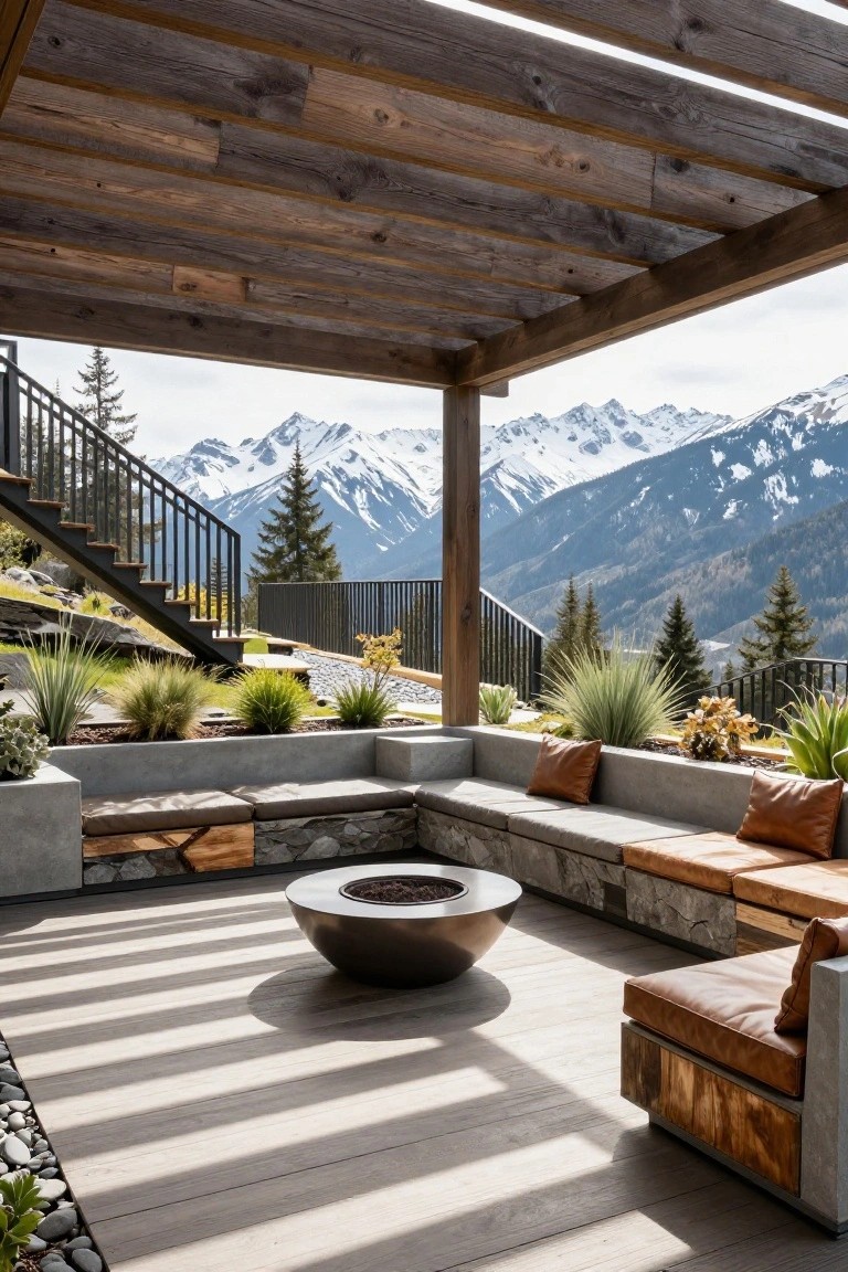 Outdoor deck featuring L-shaped built-in concrete benches with cushions and wood accents surrounding a central metal fire pit, flanked by planters with grasses and plants, under a wooden pergola with snowy mountains visible in the background.