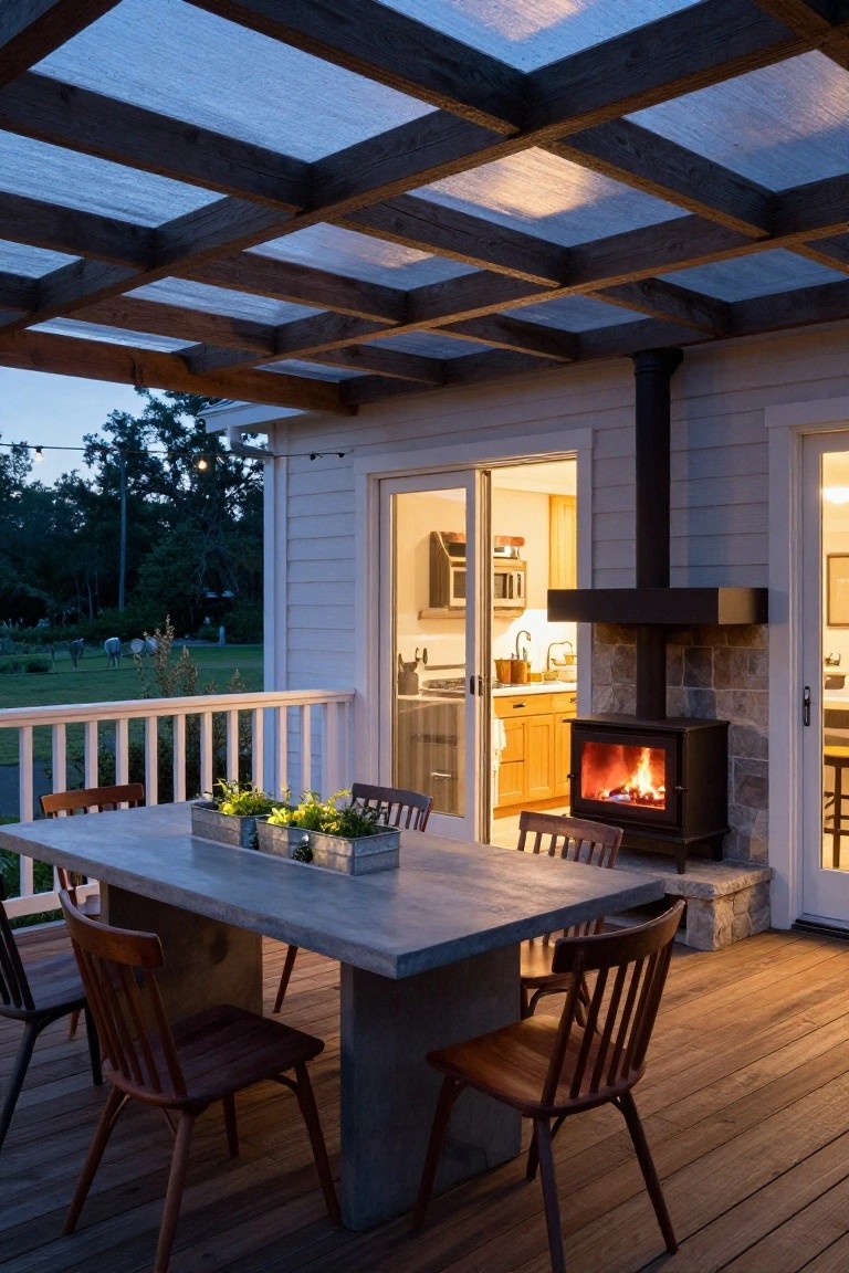 Covered wooden deck at dusk with a gray concrete dining table, wooden chairs, potted plants on the table, and a black wood-burning stove with fire next to open glass doors revealing a kitchen interior, with yard and trees in the background.