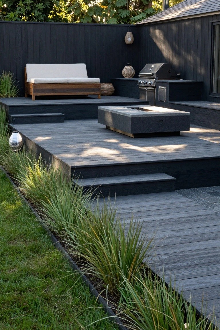 Multi-level dark gray wooden deck with built-in gas grill, central rectangular fire pit table, wooden sofa with cushions, hanging lanterns, and tall grasses edging the platform beside a black fence and green lawn.