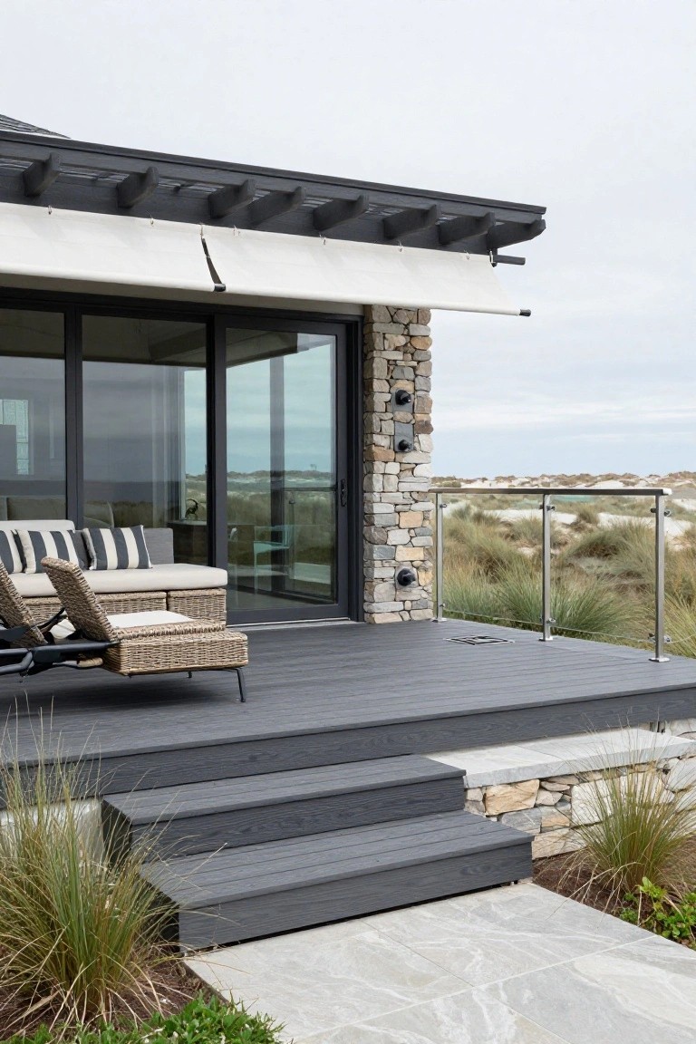 Modern house side exterior with dark gray deck featuring wicker lounge chairs and ottomans, large tinted glass sliding doors, stone walls, stainless steel railings, steps down to a light stone path, flanked by grasses, overlooking beach dunes under a cloudy sky.