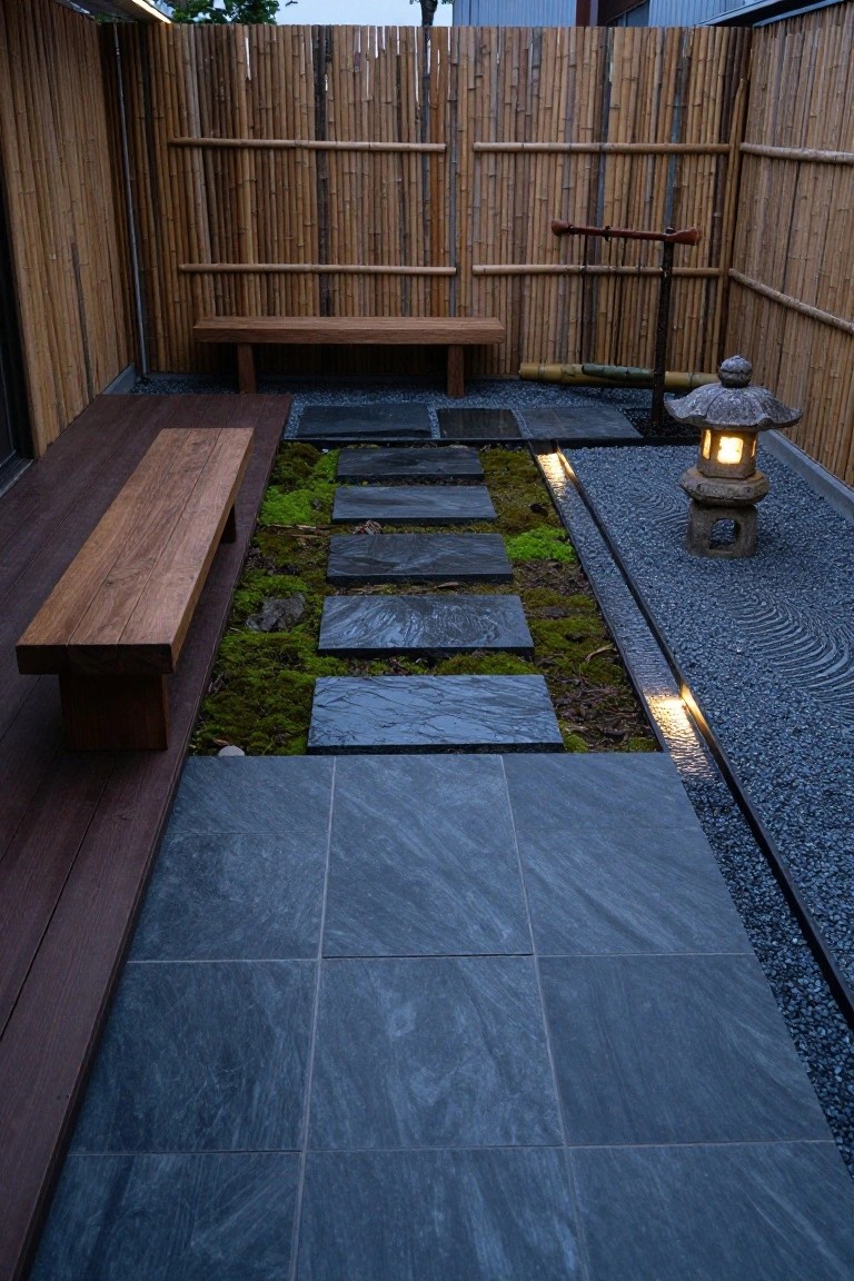 Wooden deck with two linear benches adjacent to dark stepping stones through moss patches in a gravel garden, featuring stone lanterns and bamboo fencing.